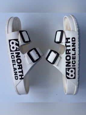 66 Degrees North Iceland Women's White Slide Sandals with Black Buckles